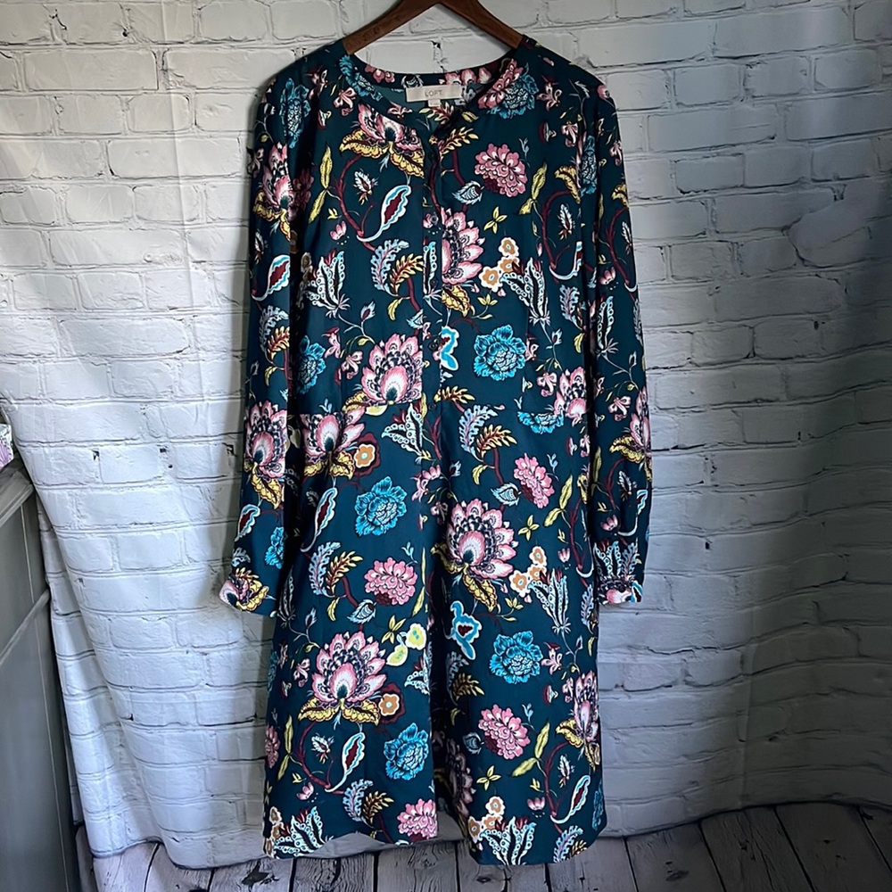 LOFT Blue Floral Silk Like Shift Midi Dress Size 16